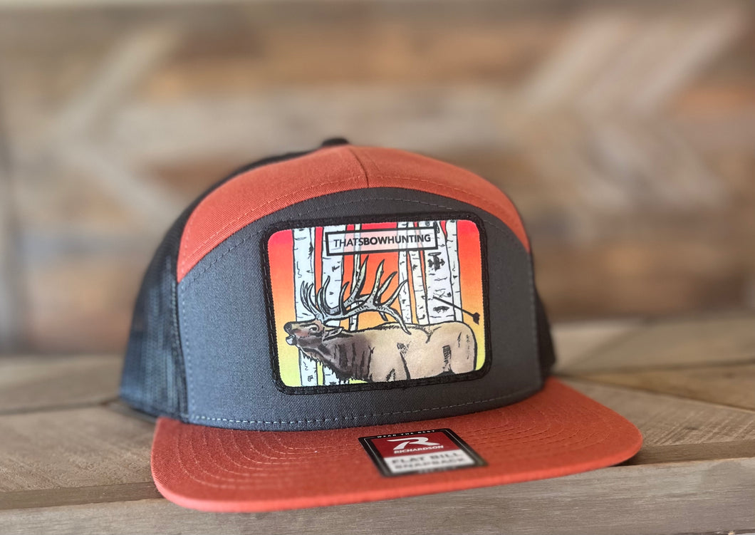 Burnt Orange, Black and Grey | Richardson 168 7P Trucker Snap Back | Elk Aspen Patch